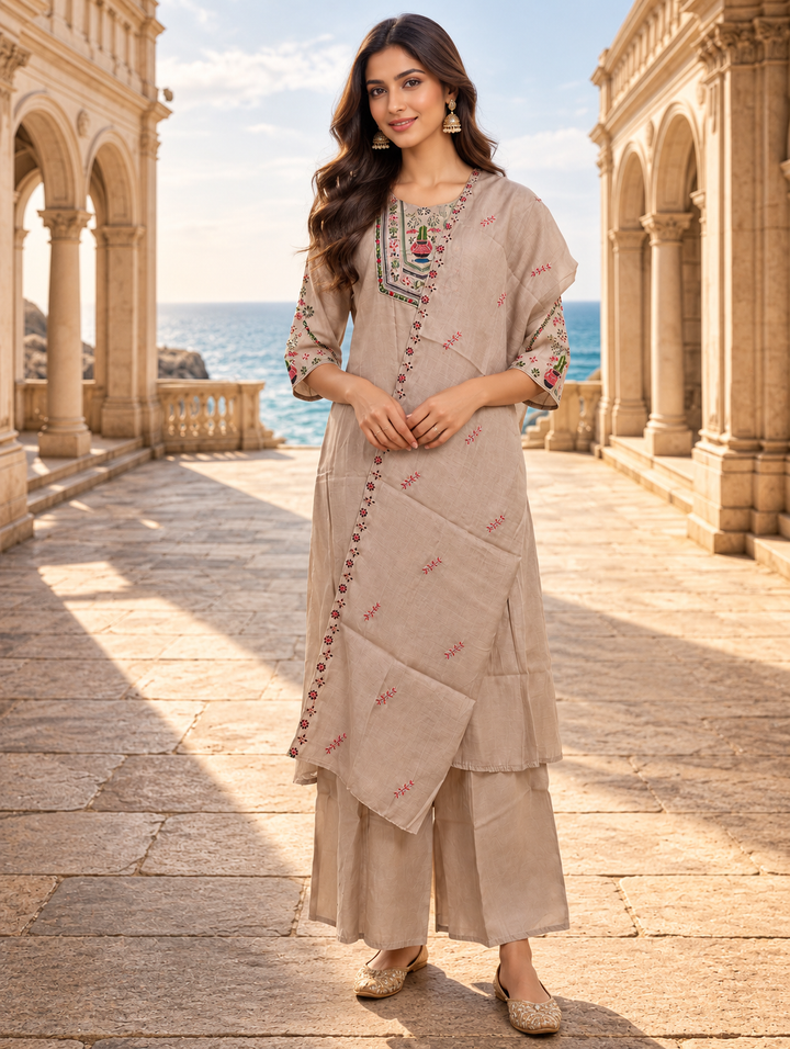 Aaira Taupe Beige Printed Chanderi Palazzo Set