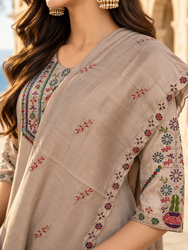 Aaira Taupe Beige Printed Chanderi Palazzo Set