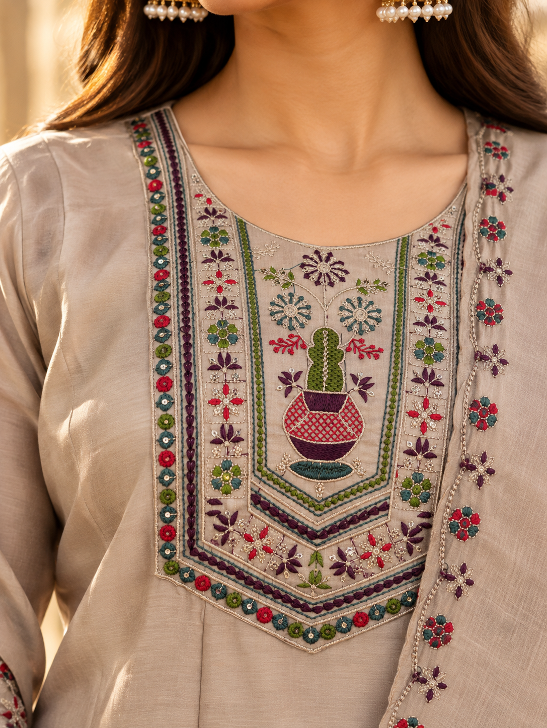Aaira Taupe Beige Printed Chanderi Palazzo Set
