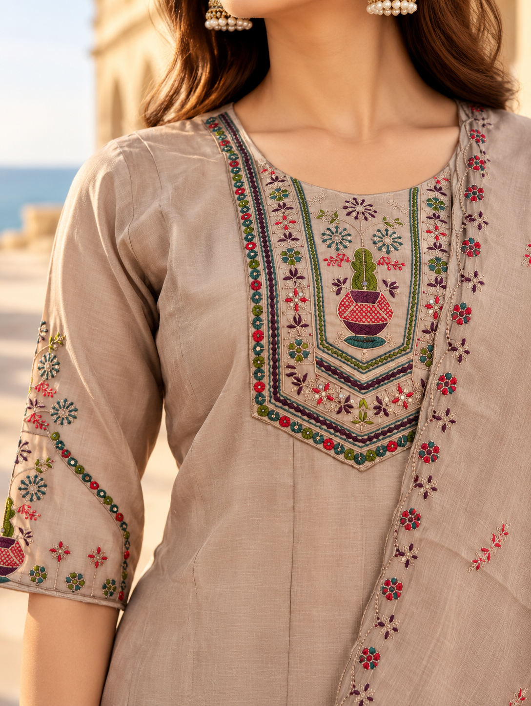 Aaira Taupe Beige Printed Chanderi Palazzo Set