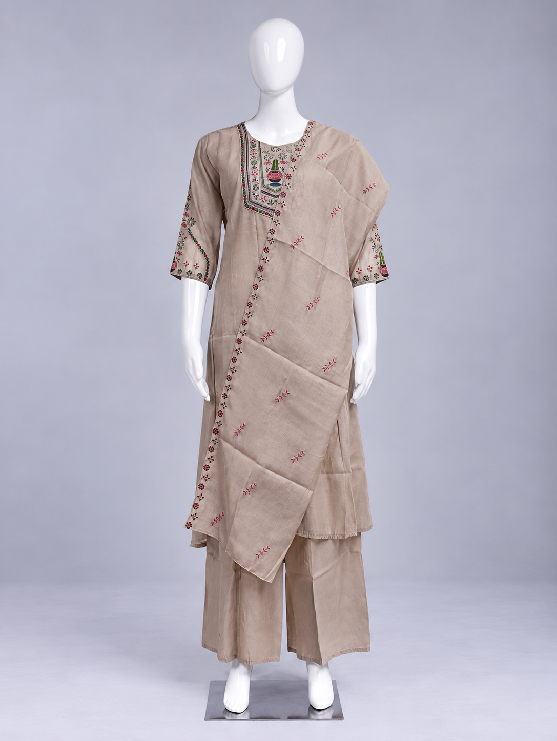 Aaira Taupe Beige Printed Chanderi Palazzo Set