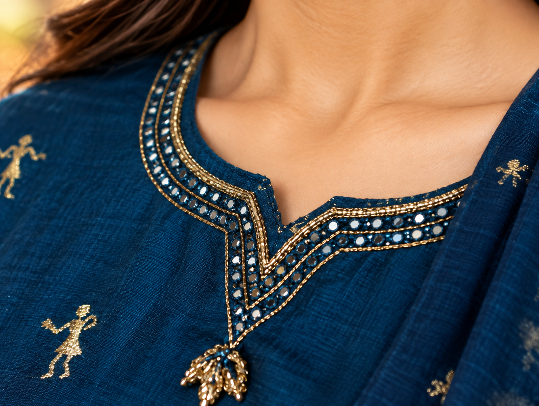 Aaranya Teal Gold Tree Motif Chanderi Kurta Set