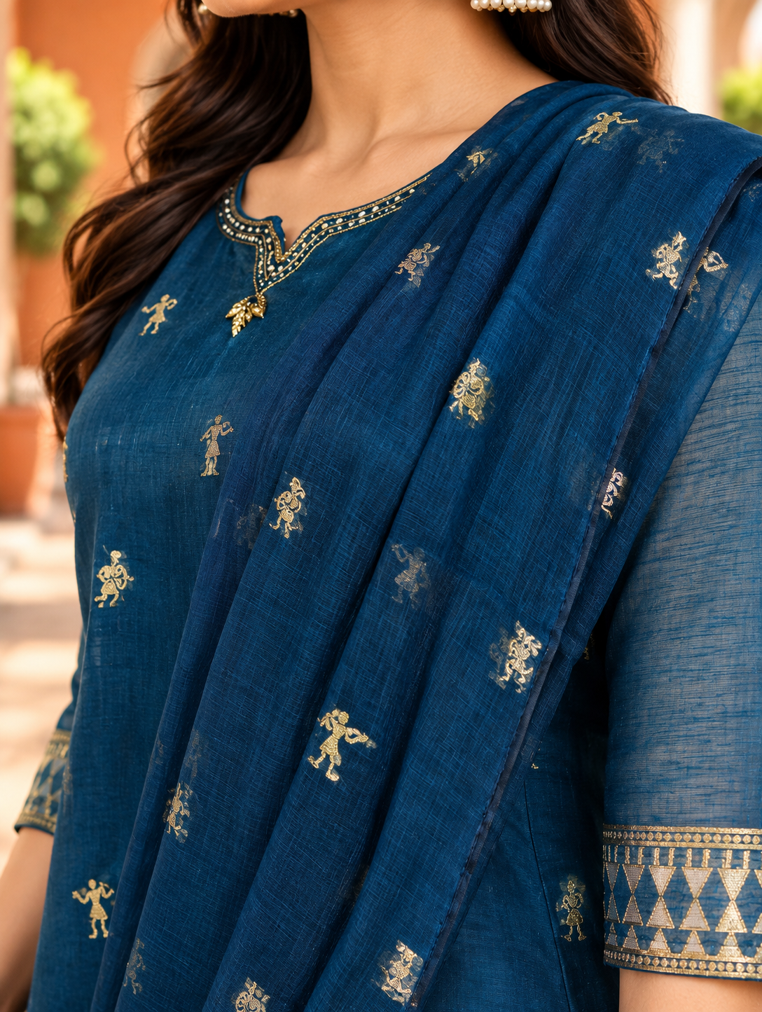 Aaranya Teal Gold Tree Motif Chanderi Kurta Set