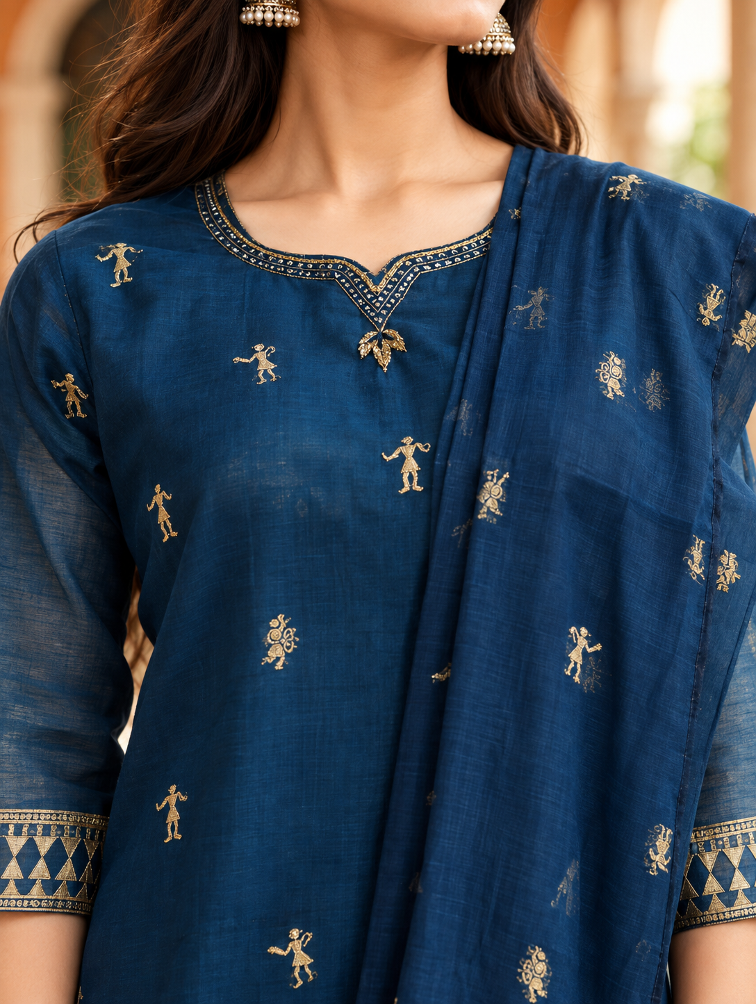 Aaranya Teal Gold Tree Motif Chanderi Kurta Set