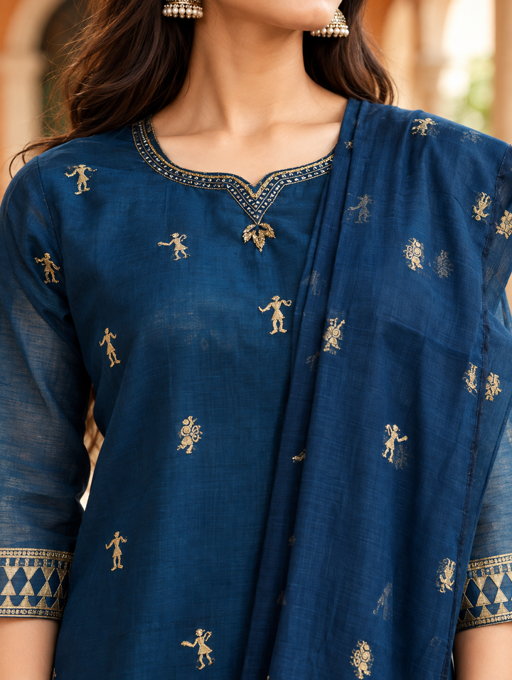 Aaranya Teal Gold Tree Motif Chanderi Kurta Set