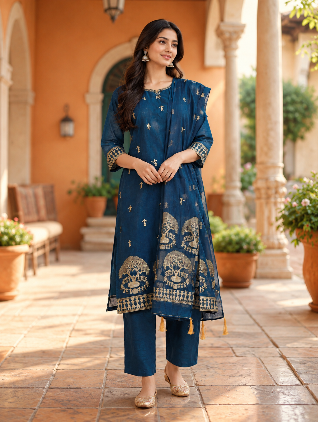 Aaranya Teal Gold Tree Motif Chanderi Kurta Set