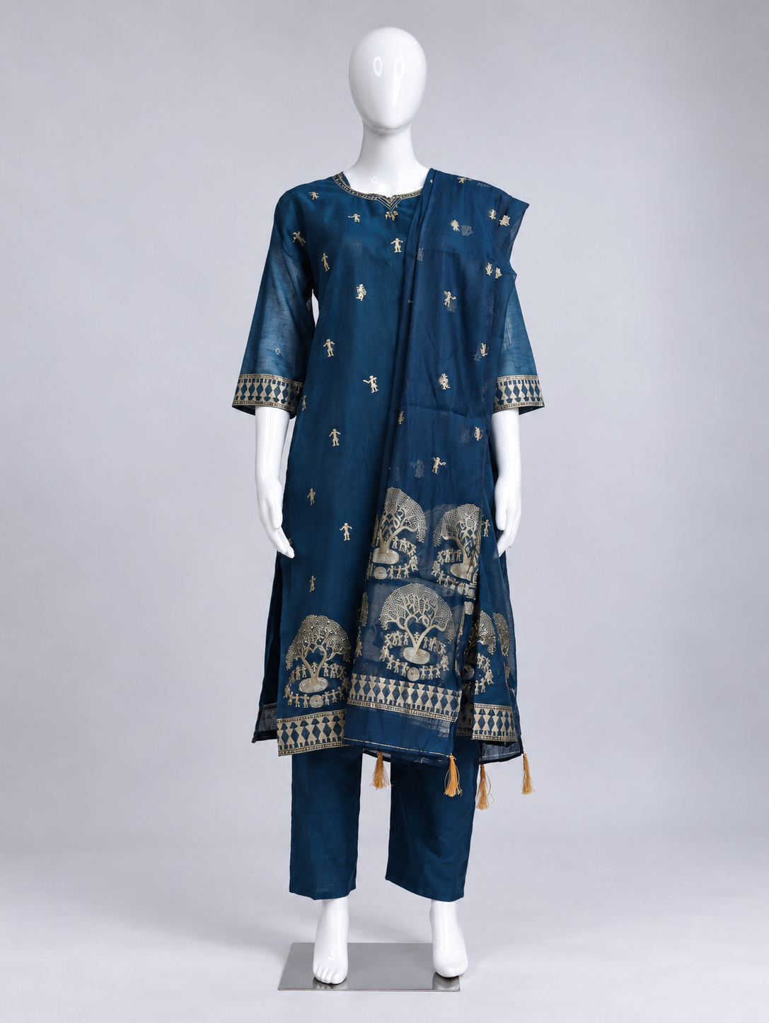 Aaranya Teal Gold Tree Motif Chanderi Kurta Set