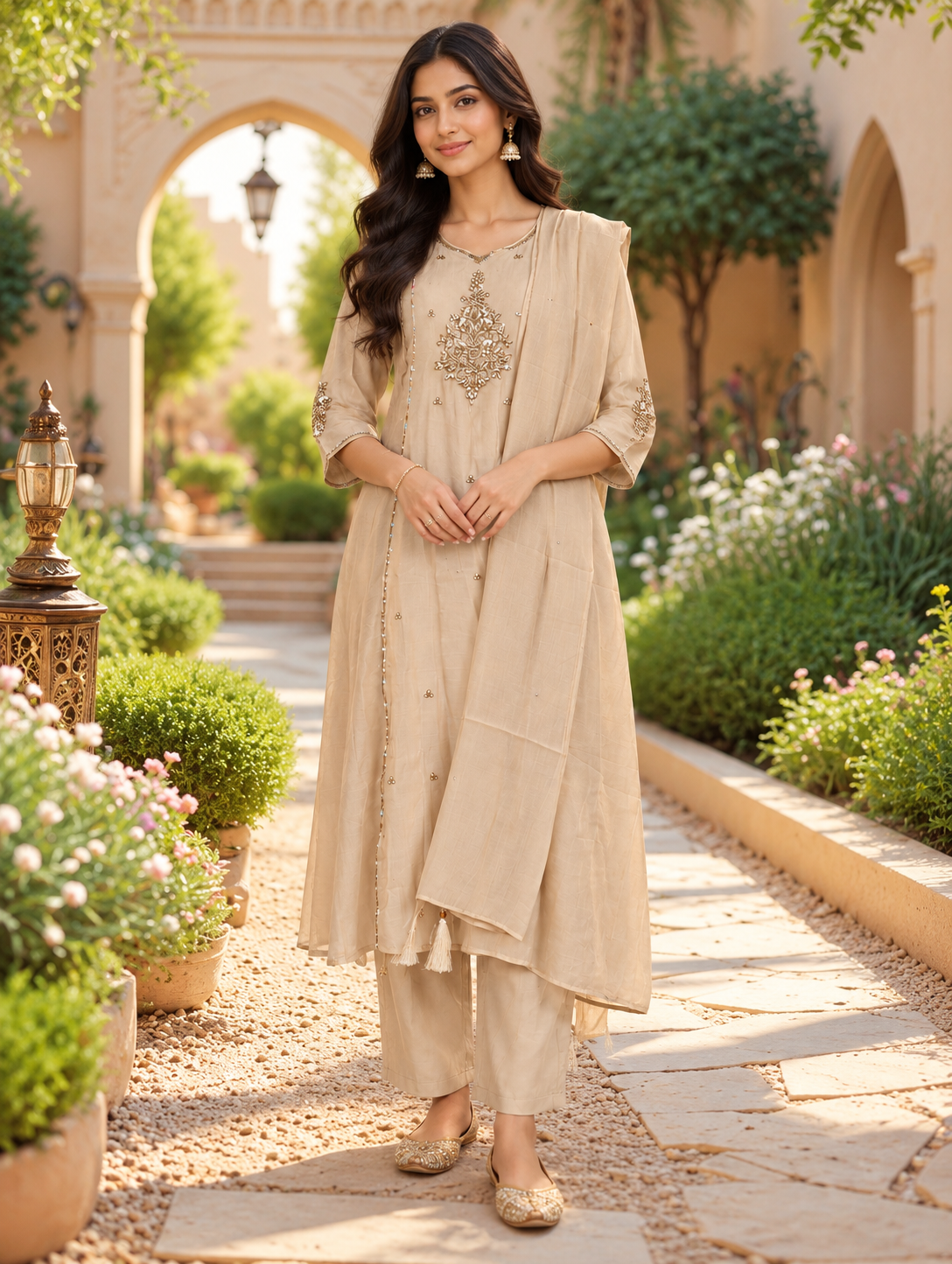 Meher Beige Gold Embroidered A-Line Chanderi Kurta Set