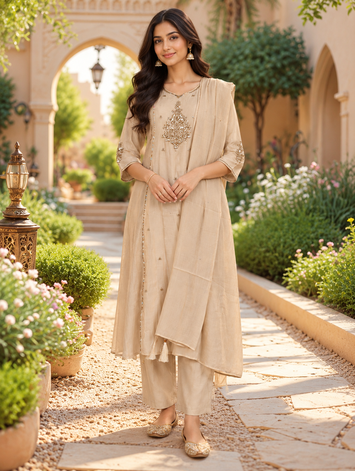 Meher Beige Gold Embroidered A-Line Chanderi Kurta Set