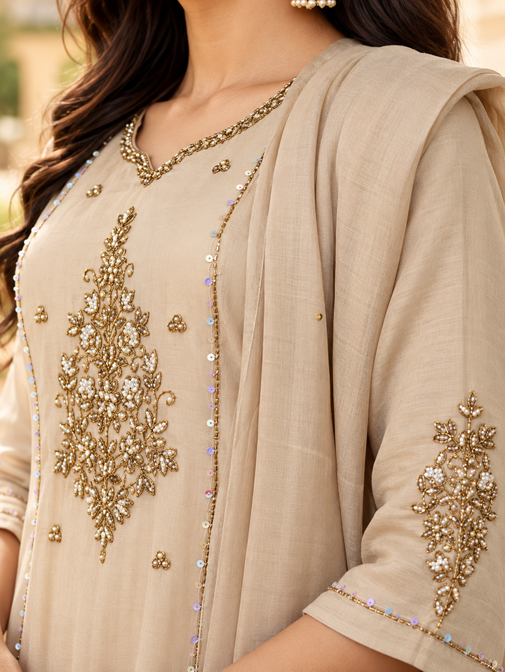Meher Beige Gold Embroidered A-Line Chanderi Kurta Set