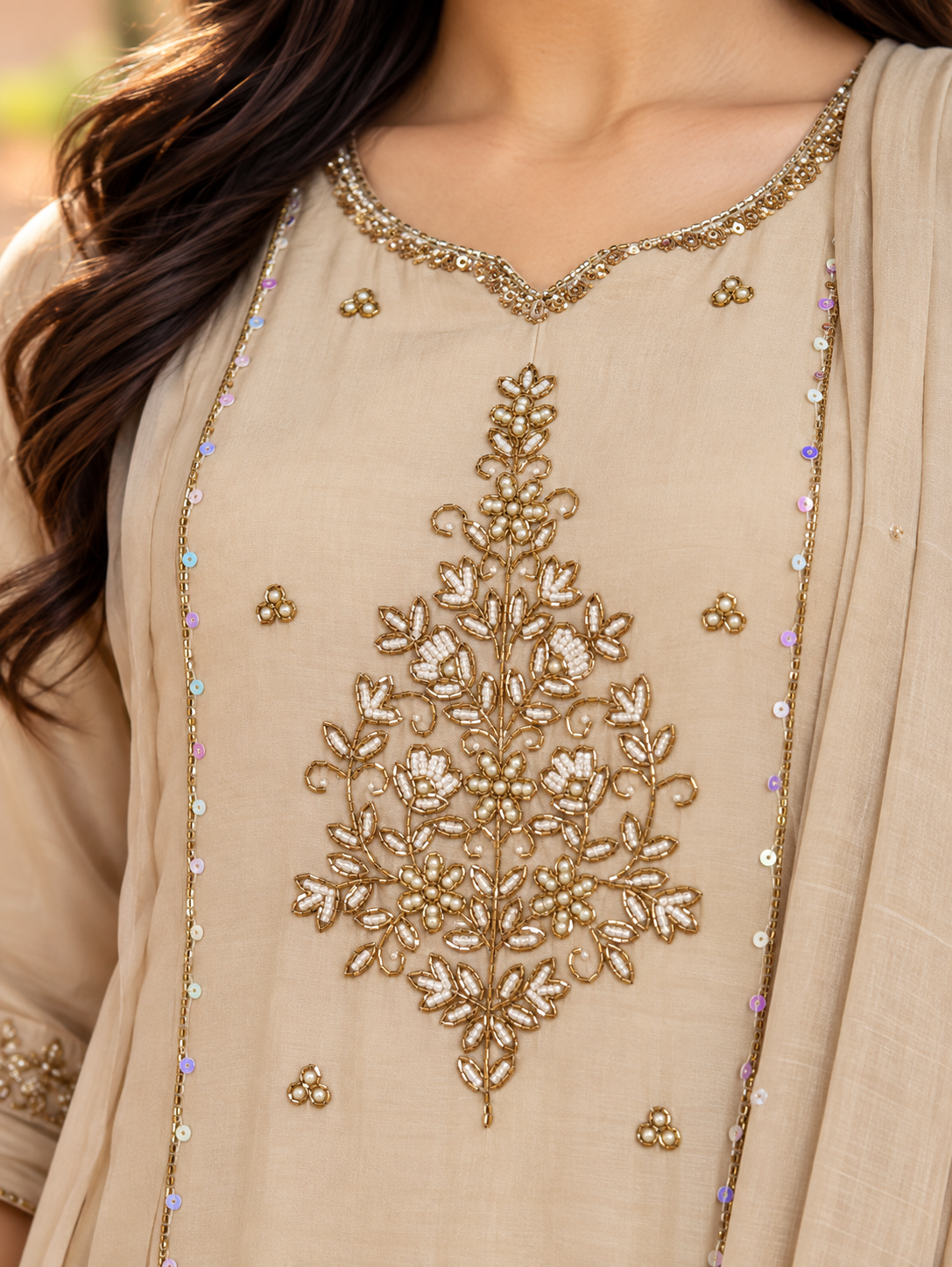 Meher Beige Gold Embroidered A-Line Chanderi Kurta Set