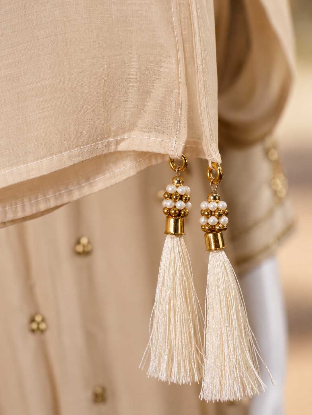 Meher Beige Gold Embroidered A-Line Chanderi Kurta Set