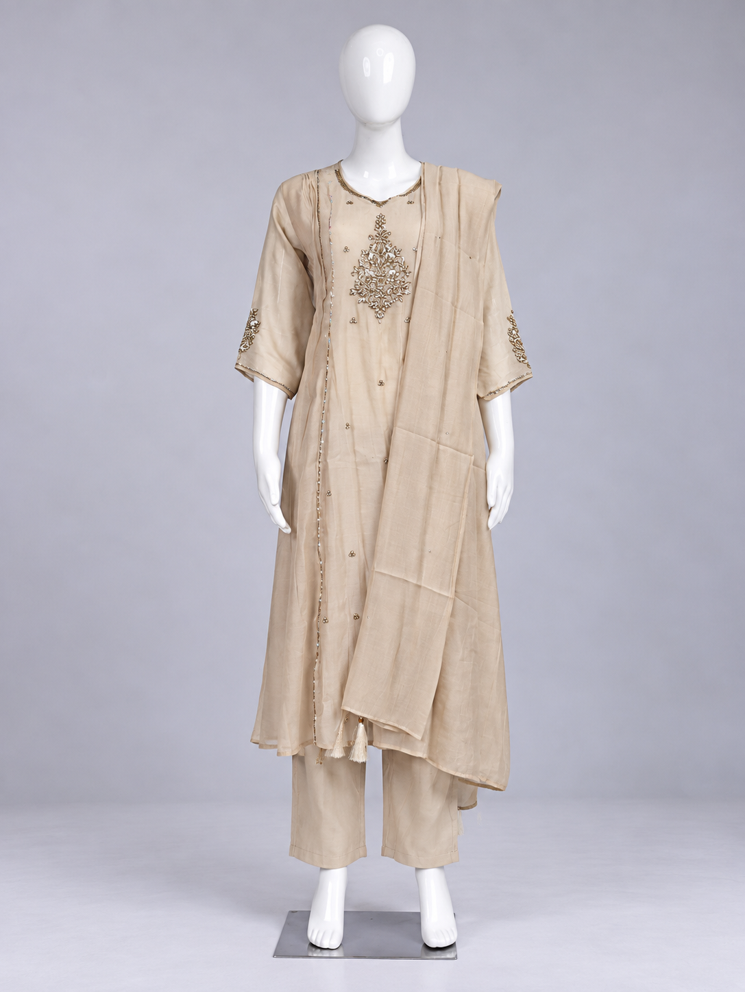 Meher Beige Gold Embroidered A-Line Chanderi Kurta Set