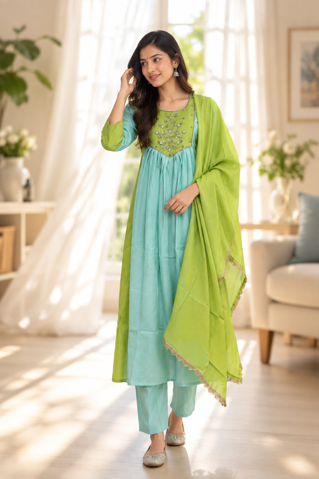 Noor Sky Blue & Lime Green Embroidered Anarkali Set