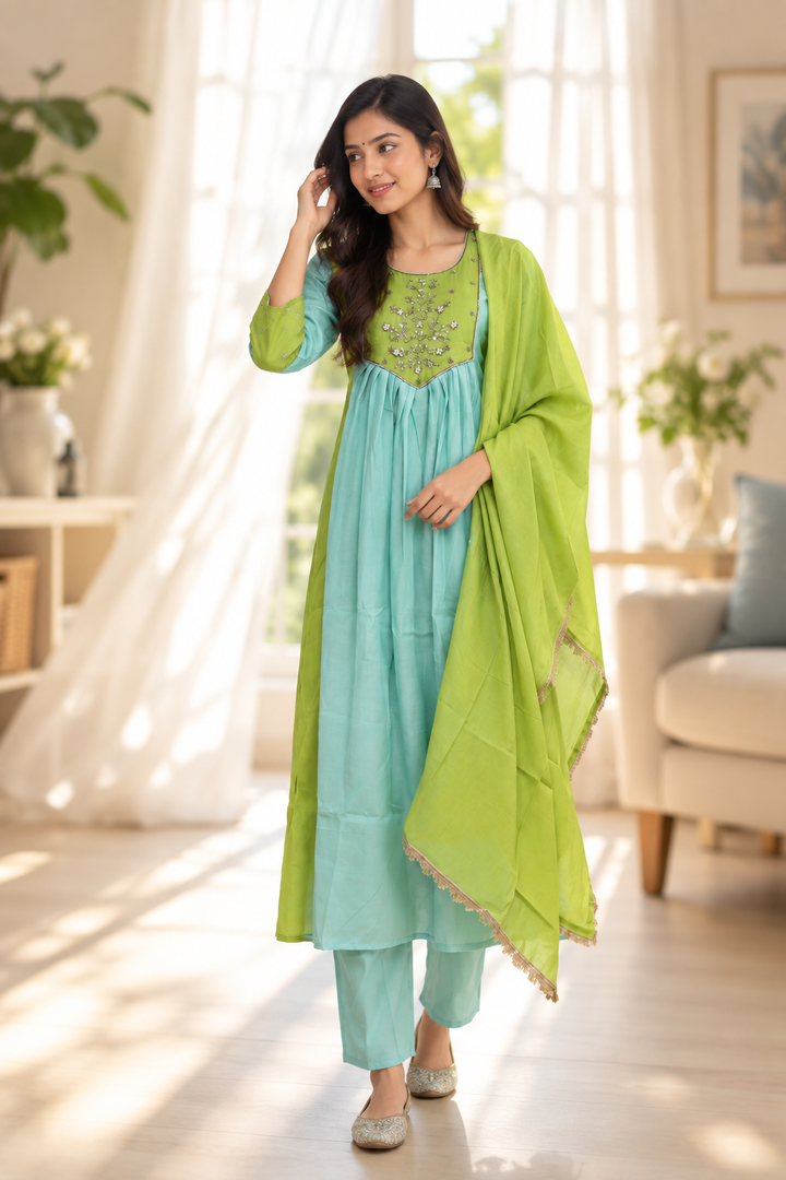 Noor Sky Blue & Lime Green Embroidered Anarkali Set