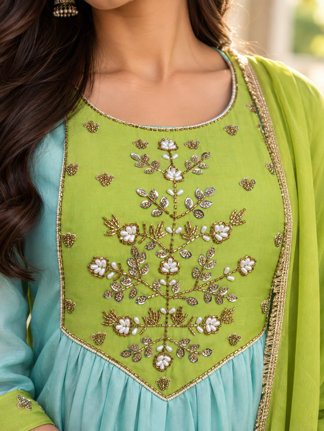 Noor Sky Blue & Lime Green Embroidered Anarkali Set