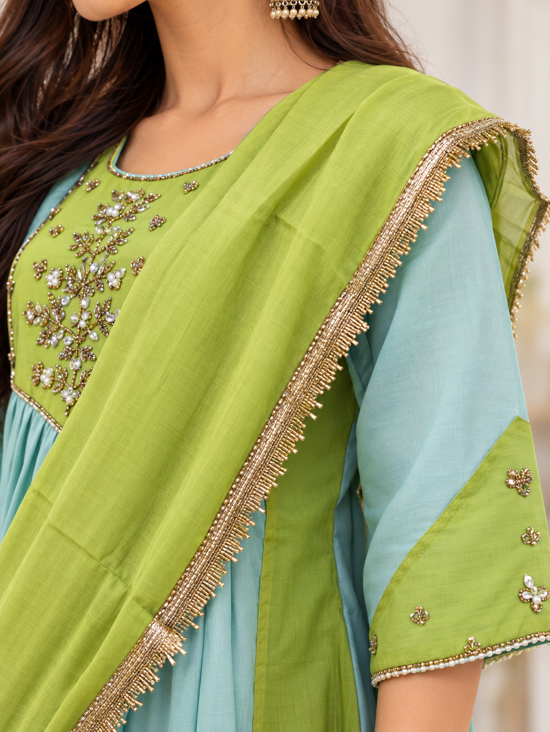 Noor Sky Blue & Lime Green Embroidered Anarkali Set