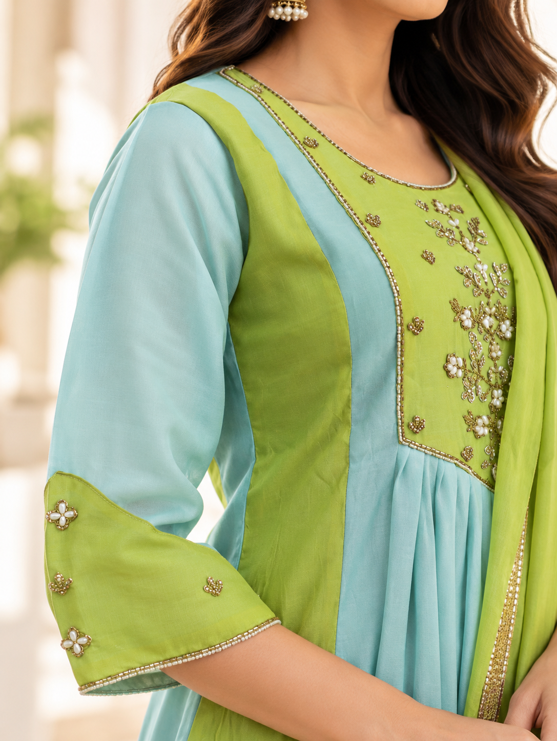 Noor Sky Blue & Lime Green Embroidered Anarkali Set