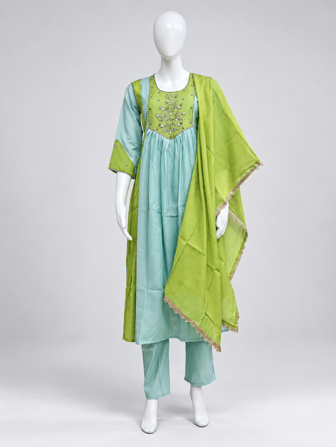 Noor Sky Blue & Lime Green Embroidered Anarkali Set