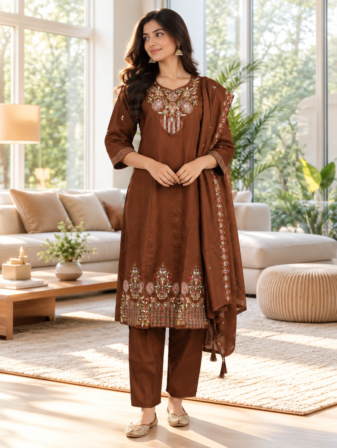 Zariya Rich Brown Floral Embroidered Chanderi Kurta Set