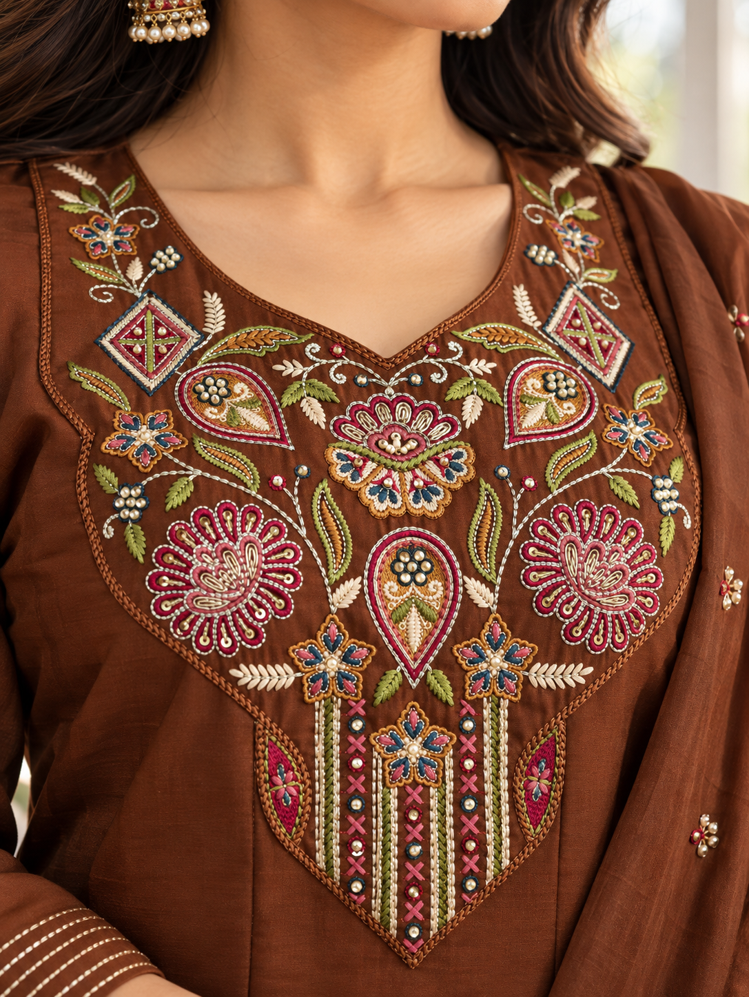 Zariya Rich Brown Floral Embroidered Chanderi Kurta Set