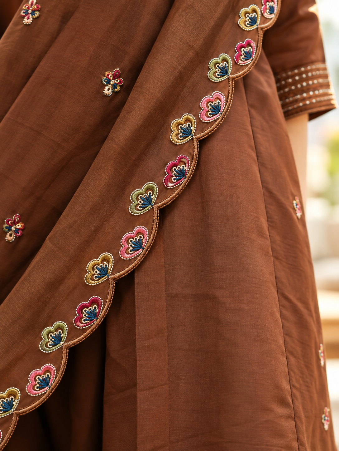 Zariya Rich Brown Floral Embroidered Chanderi Kurta Set