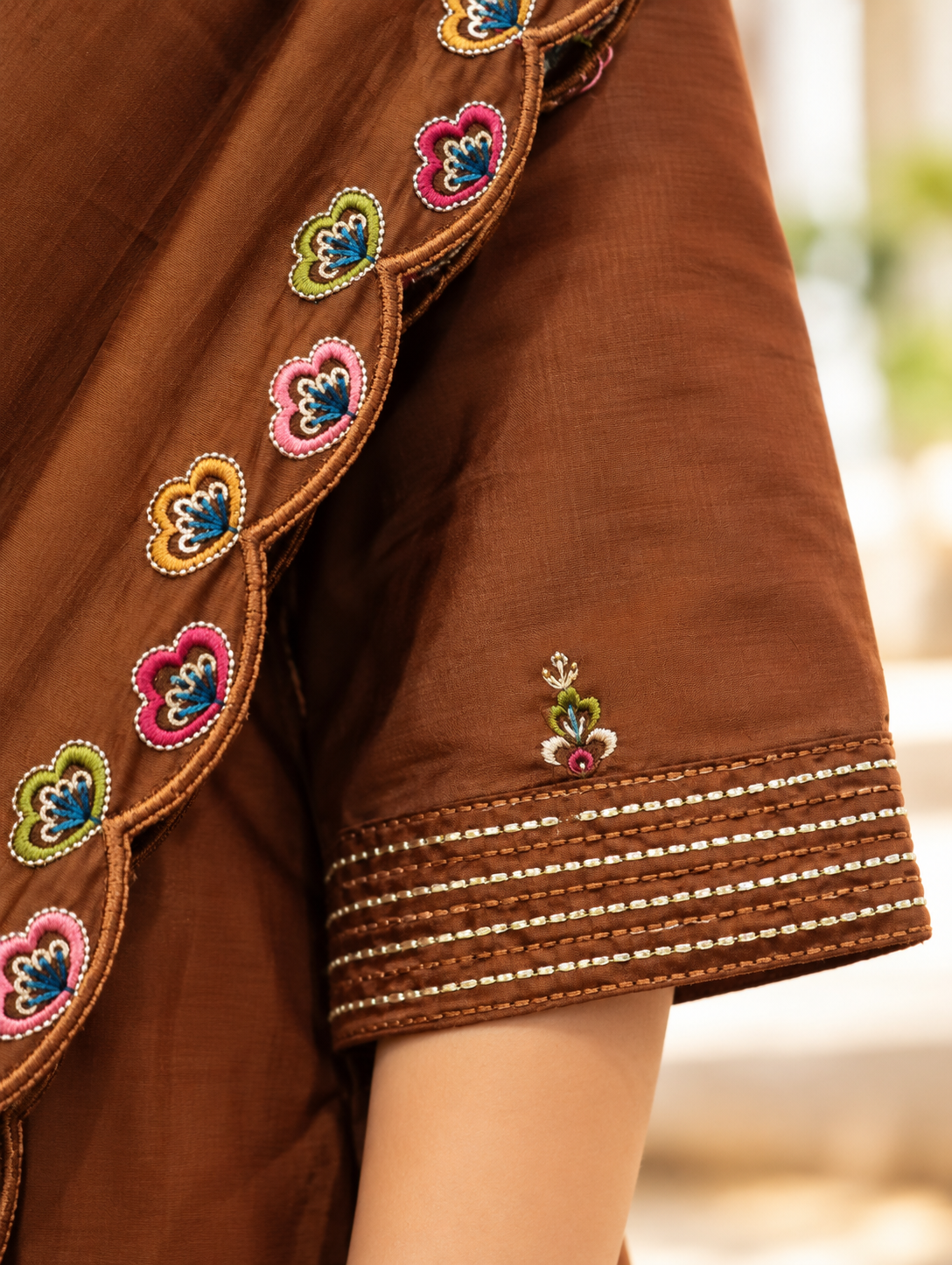 Zariya Rich Brown Floral Embroidered Chanderi Kurta Set